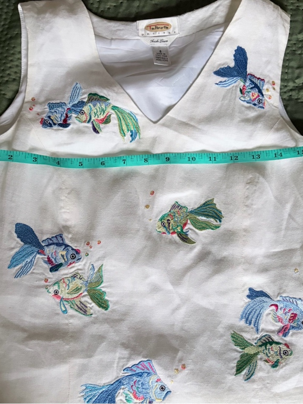 VTG Talbots 100% Irish Linen Nautical Fish Embroidery Tank Top White Petite 6 - Picture 5 of 6